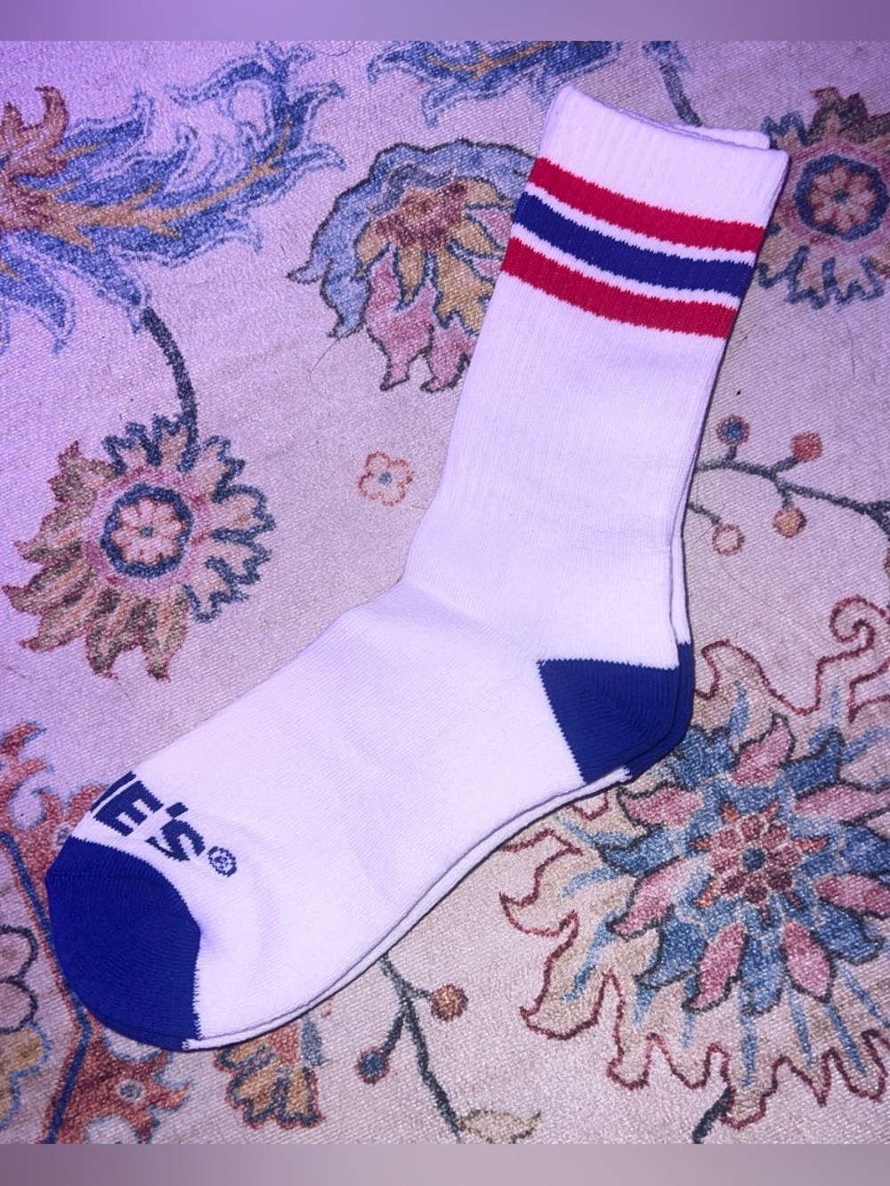 Men's Athletic Crew Sock in White with Red & Blue Stripes